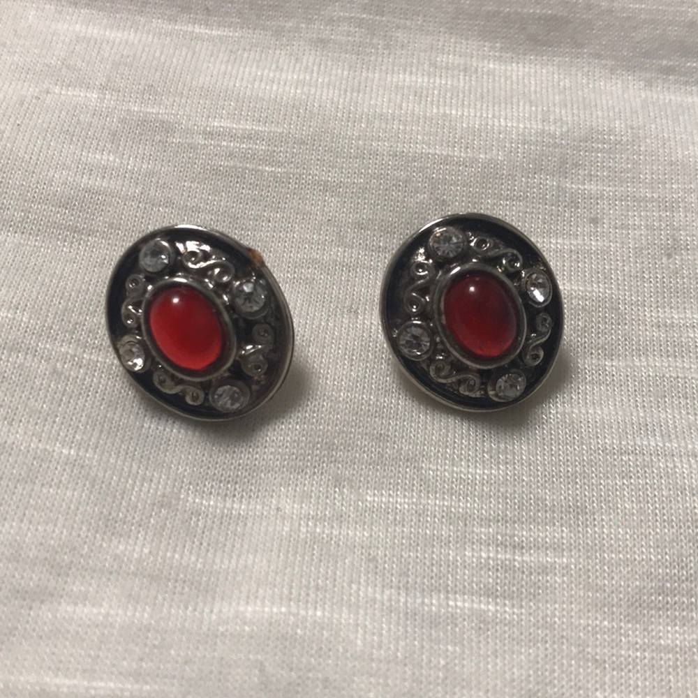 Silver post earrings with a red and clear gems